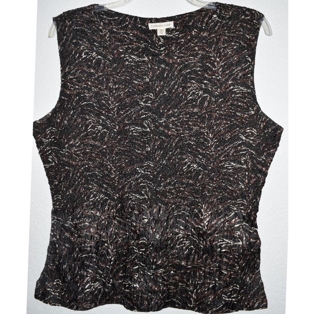 Coldwater Creek Women PXL Black Brown Abstract Crinkle Peplum Sleeveless Blouse